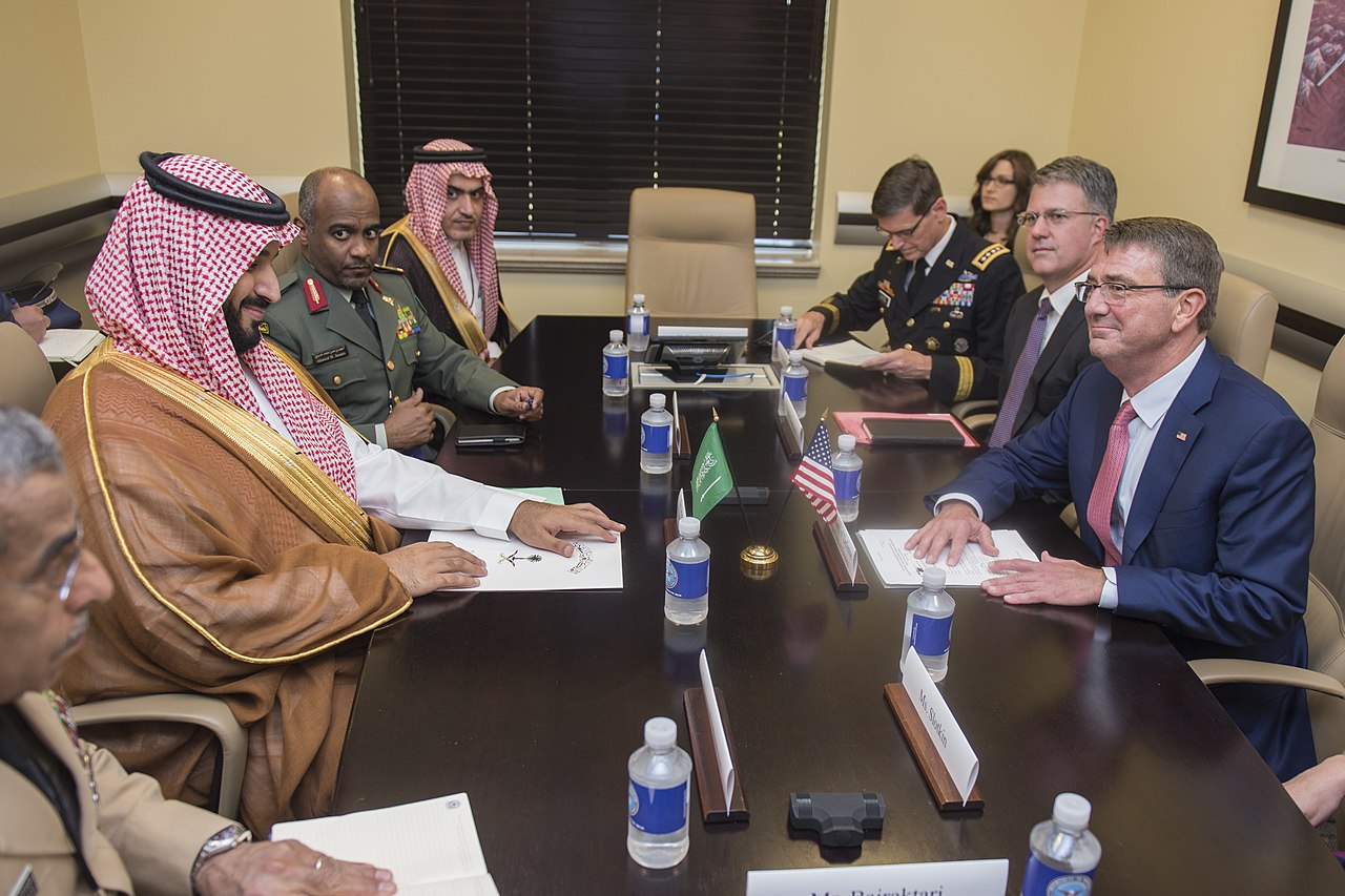 Secretary of Defense Ash Carter meets with Saudia Arabia's Deputy Crown Prince Mohammed bin Salman Al Saud during a meeting of defense ministers of the Global Coalition to Counter ISIL July 20, 2016, at Joint Base Andrews, Md. The meeting was scheduled to include detailed discussion of priorities for the Coalition’s multiple lines of effort, including its working groups on political-military coordination, combatting foreign terrorist fighters, counterterrorist financing, counter-messaging, and stabilization of liberated areas, to increase the momentum of the campaign. (DoD photo by Air Force Tech. Sgt. Brigitte N. Brantley/Released)