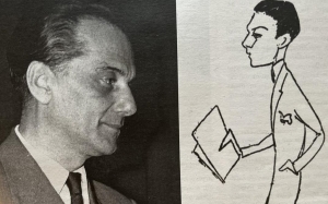 Έγραφε για τον Ντίμη Αποστολόπουλο ο Άγγελος Τερζάκης: «Πνεύμα εχέμυθο, χαμηλόφωνο, ιδιοσυγκρασία από εκείνες που κυκλοφορούν αφού πρώτα μετριάσουν το φως της λάμπας. Κλίμα του το χλιαρό σκιόφωτο. Με την εμφάνισή του αμέσως με το απαλό του χτύπημα στο πορτόφυλλο, το χνουδωτό του βήμα, το ψηλόλιγνο διακαμό, που διαγραφόταν δονκιχωτικώς χωρίς έμφαση, στο άνοιγμα της πόρτας». Το σκίτσο έγινε όταν ήταν αρχισυντάκτης στο Εξέλσιορ (1929).