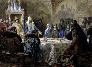Aleksey Kivshenko, Ο Πατριάρχης Νίκων και ο Επιφάνιος Σλαβινέτσκι αναθεωρούν λειτουργικά κείμενα.