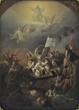 &Theta;&epsilon;ό&delta;&omega;&rho;&omicron;&upsilon; &Beta;&rho;&upsilon;&zeta;ά&kappa;&eta;, &Eta; έ&xi;&omicron;&delta;&omicron;&sigmaf; &tau;&omicron;&upsilon; &Mu;&epsilon;&sigma;&omicron;&lambda;&omicron;&gamma;&gamma;ί&omicron;&upsilon;, 1855, &lambda;ά&delta;&iota; &sigma;&epsilon; &kappa;&alpha;&mu;&beta;ά, 169 x 127 &epsilon;&kappa;. &Omicron;&iota; ή&rho;&omega;&epsilon;&sigmaf; &tau;&omicron;&pi;&omicron;&theta;&epsilon;&tau;&omicron;ύ&nu;&tau;&alpha;&iota; &mu;&epsilon; ά&rho;&tau;&iota;&alpha; &sigma;&kappa;&eta;&nu;&omicron;&theta;&epsilon;&tau;&iota;&kappa;ή &alpha;&nu;&tau;ί&lambda;&eta;&psi;&eta;. &Omicron; &pi;&rho;&epsilon;&sigma;&beta;ύ&tau;&epsilon;&rho;&omicron;&sigmaf; &alpha;&nu;&alpha;&gamma;&omicron;&rho;&epsilon;ύ&epsilon;&tau;&alpha;&iota; &sigma;&epsilon; &pi;&rho;&omega;&tau;&alpha;&gamma;&omega;&nu;&iota;&sigma;&tau;ή &tau;&eta;&sigmaf; &sigma;ύ&nu;&theta;&epsilon;&sigma;&eta;&sigmaf; &chi;ά&rho;&eta; &sigma;&tau;&eta;&nu; &epsilon;&mu;&pi;&epsilon;&iota;&rho;ί&alpha; &kappa;&alpha;&iota; &sigma;&tau;&eta;&nu; &alpha;&nu;&alpha;&gamma;&nu;ώ&rho;&iota;&sigma;ή &tau;&omicron;&upsilon; &alpha;&pi;ό &tau;&omicron;&upsilon;&sigmaf; &nu;&epsilon;ό&tau;&epsilon;&rho;&omicron;&upsilon;&sigmaf; . &Gamma;&epsilon;&nu;&iota;&kappa;ώ&sigmaf;, &omicron; &mu;ύ&theta;&omicron;&sigmaf; &pi;&omicron;&upsilon; &epsilon;&iota;&kappa;&omicron;&nu;&omicron;&gamma;&rho;&alpha;&phi;&epsilon;ί&tau;&alpha;&iota; &alpha;&pi;ό &tau;&omicron;&nu; &zeta;&omega;&gamma;&rho;ά&phi;&omicron; &epsilon;&gamma;&gamma;&rho;ά&phi;&epsilon;&tau;&alpha;&iota; &sigma;&tau;&eta; &phi;&alpha;&nu;&tau;&alpha;&sigma;&iota;&alpha;&kappa;ή &omicron;&upsilon;&tau;&omicron;&pi;ί&alpha; &tau;&eta;&sigmaf; &pi;&rho;ό&sigma;&lambda;&eta;&psi;&eta;&sigmaf; &tau;&omicron;&upsilon; &pi;&rho;ό&sigma;&phi;&alpha;&tau;&omicron;&upsilon; &pi;&alpha;&rho;&epsilon;&lambda;&theta;ό&nu;&tau;&omicron;&sigmaf;, &upsilon;&pi;ό &tau;&omicron;&upsilon;&sigmaf; ό&rho;&omicron;&upsilon;&sigmaf; &mu;&epsilon; &beta;ά&sigma;&eta; &tau;&omicron;&upsilon;&sigmaf; &omicron;&pi;&omicron;ί&omicron;&upsilon;&sigmaf; &omicron; &epsilon;&xi;&omega;&rho;&alpha;ϊ&sigma;&mu;ό&sigmaf; &kappa;&omicron;&rho;&upsilon;&phi;ώ&nu;&epsilon;&tau;&alpha;&iota;. 